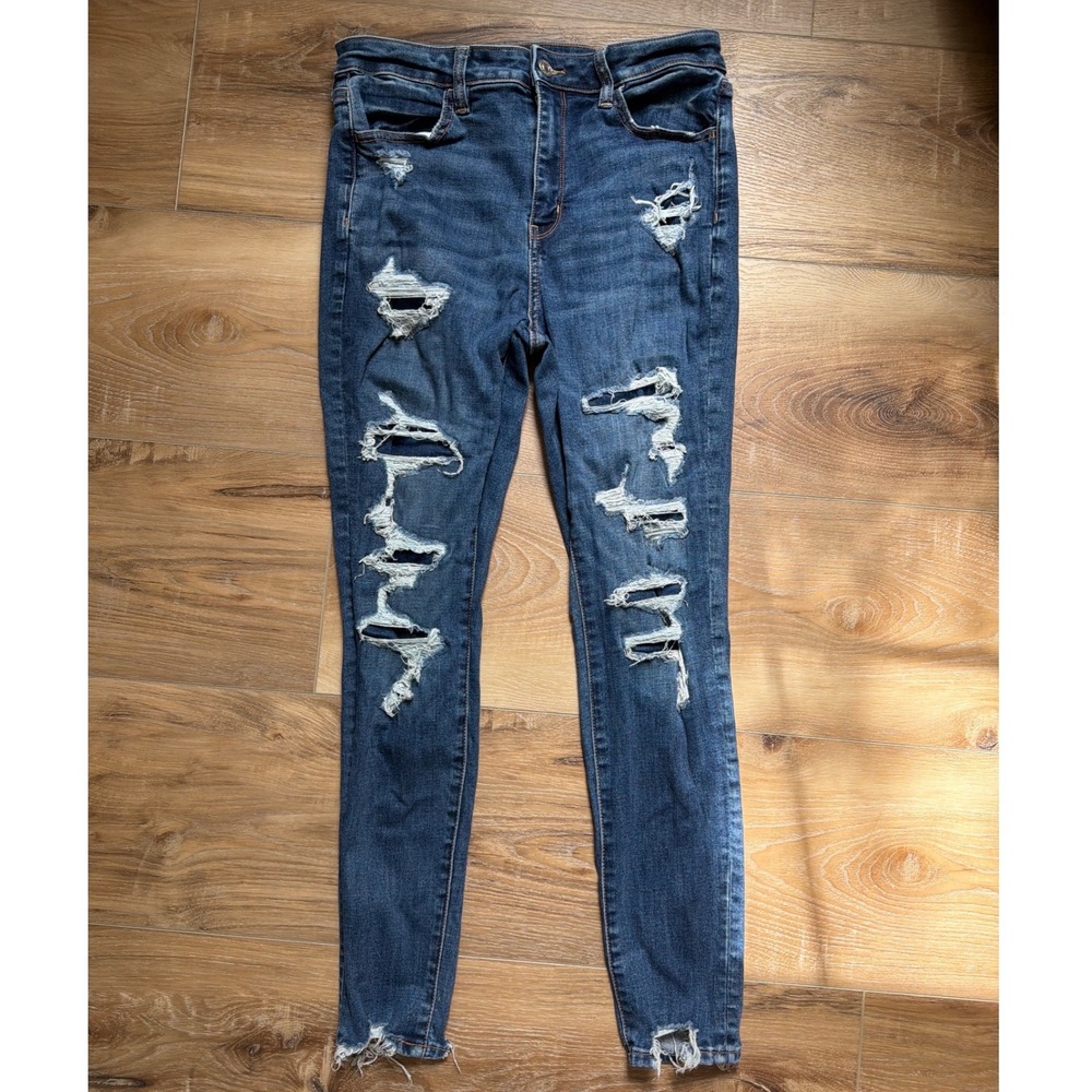 American Eagle Super Hi-Rise Jegging Dark Wash Distressed Raw Hem Jeans Size 10